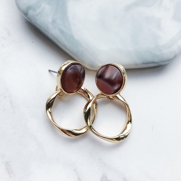 Acrylic Twisted Hoop Round Earrings Light Brown - Picture 3 of 6